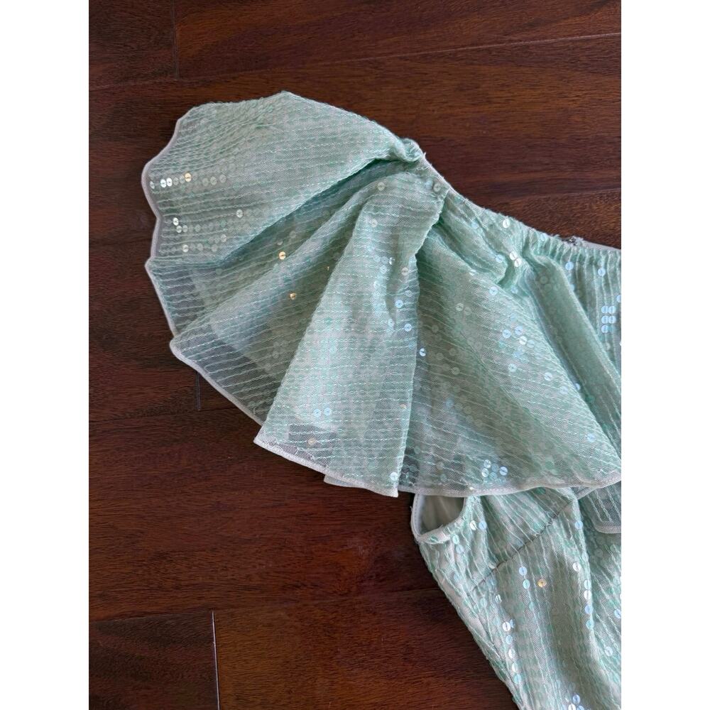 Mac Duggal NWT Sage Green Sequin One Shoulder Ruffle Cocktail Dress Size 4 - Picture 7 of 16